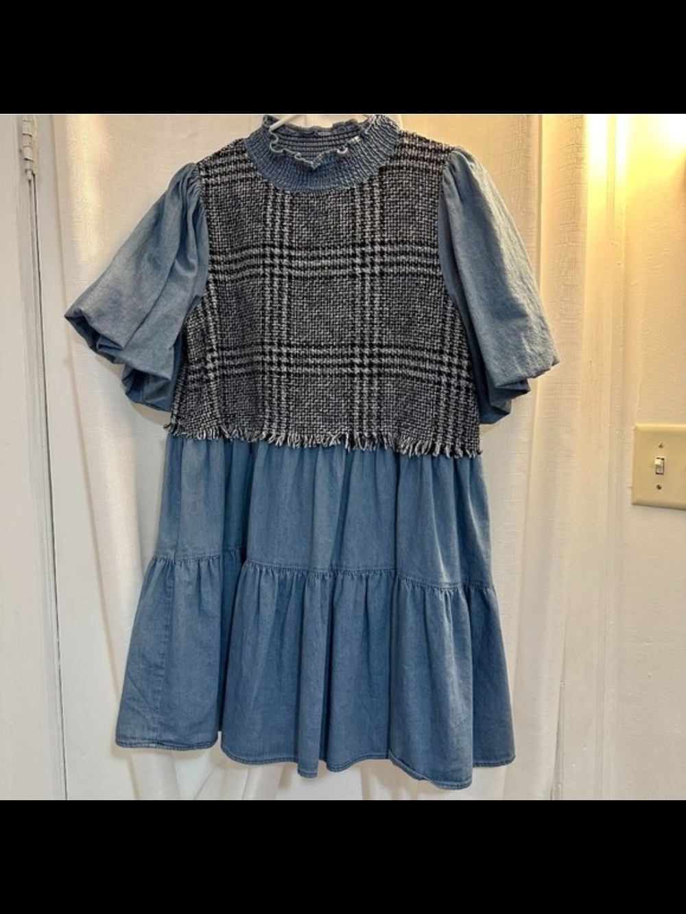 Zara Blue Denim Tiered Dress with Black & White Plaid Bodice M
